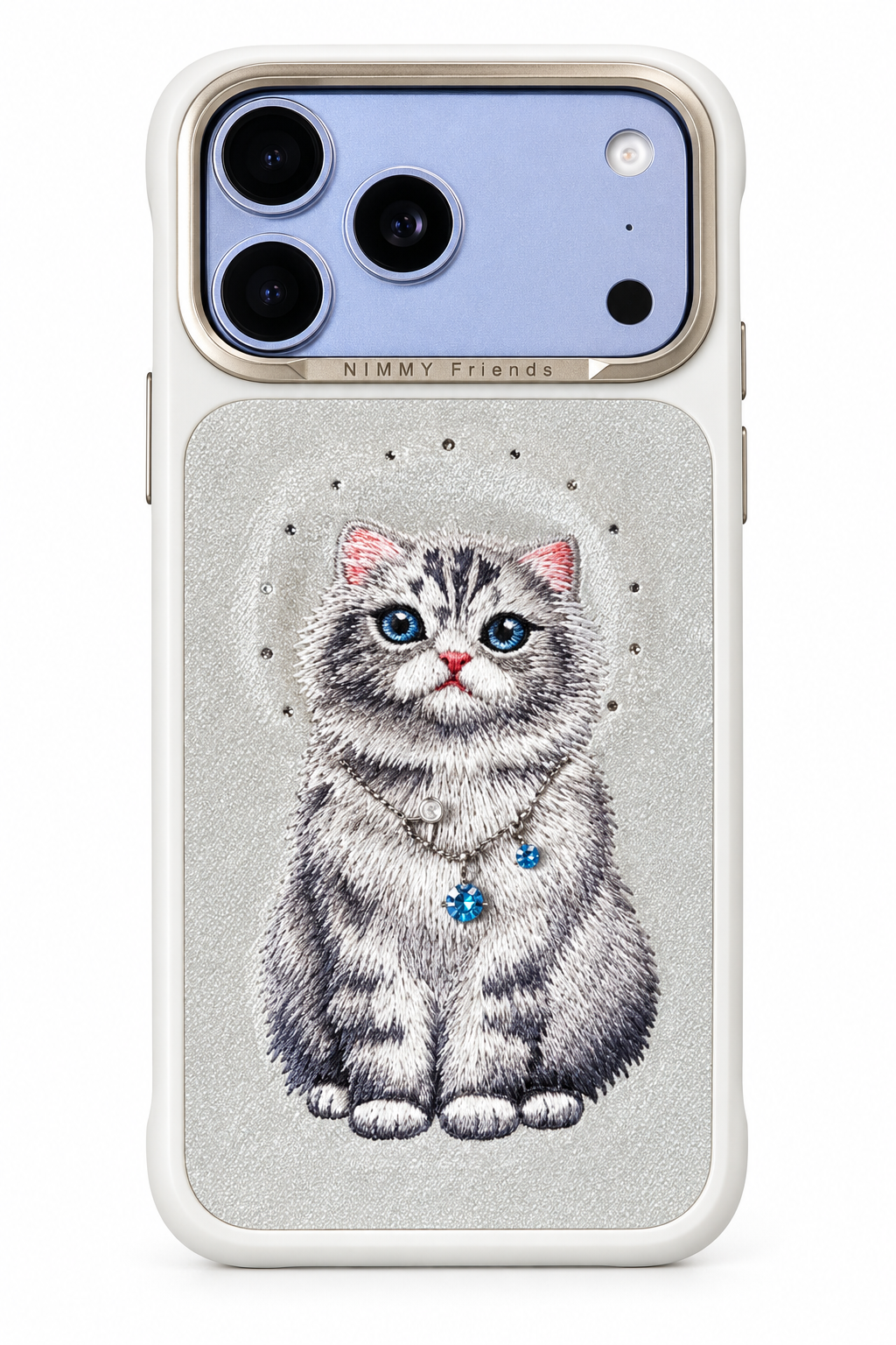 White and silver embroidered kitten phone case on a white background