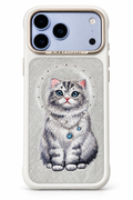 Close view of embroidered blue-eyed kitten and glitter-effect panel on white silver phone case