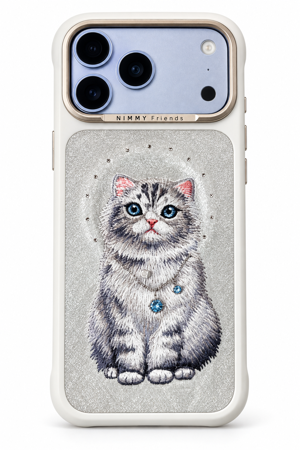 Close view of embroidered blue-eyed kitten and glitter-effect panel on white silver phone case