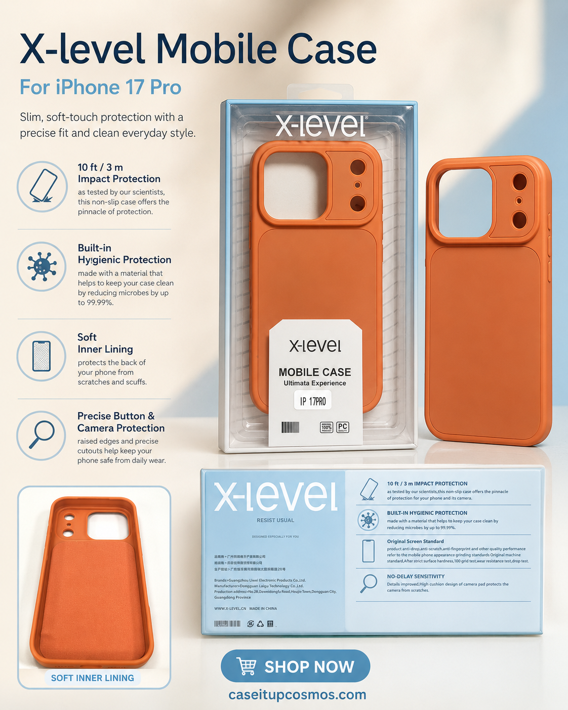 X-Level Soft Touch Case for iPhone 17 Pro – Slim Protection with Camera Guard