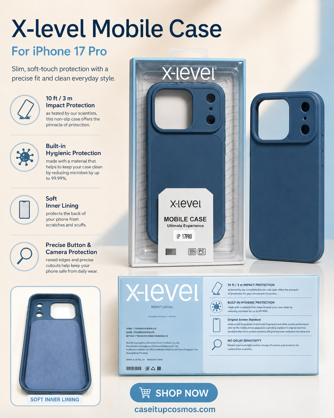 X-Level Soft Touch Case for iPhone 17 Pro – Slim Protection with Camera Guard