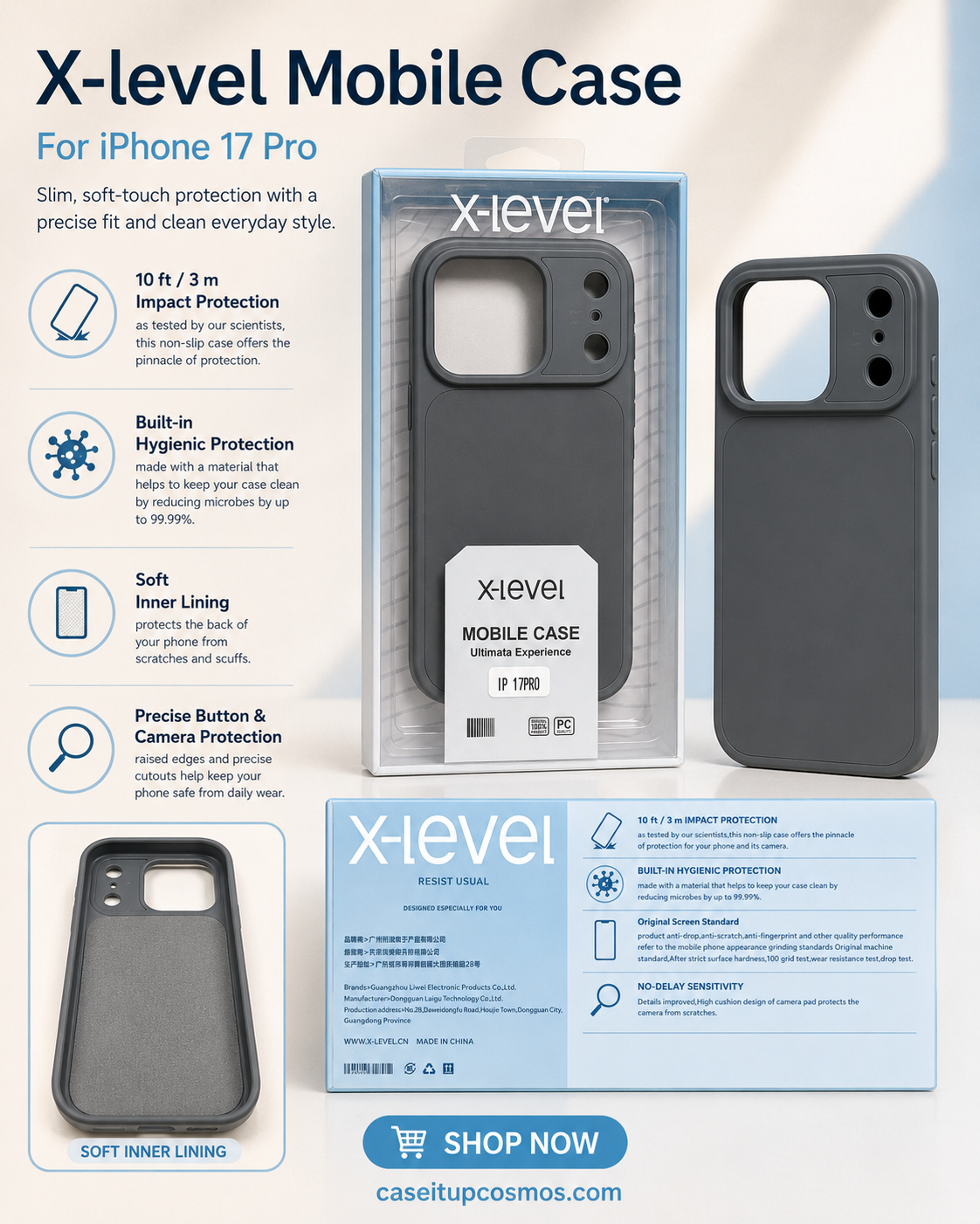 X-Level Soft Touch Case for iPhone 17 Pro – Slim Protection with Camera Guard