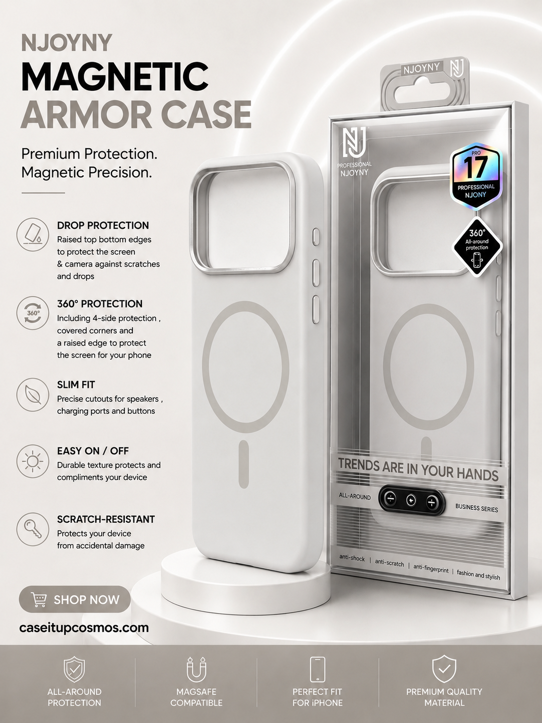 NJOYNY Pink Magnetic Armor Case for iPhone 17 Pro – Slim 360° Protection with Camera Guard