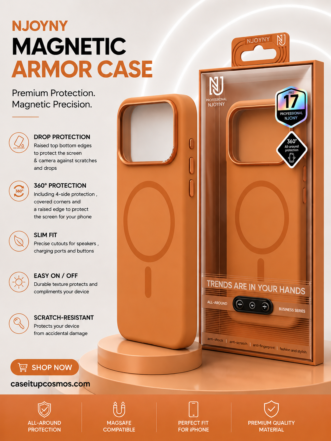 NJOYNY Pink Magnetic Armor Case for iPhone 17 Pro – Slim 360° Protection with Camera Guard