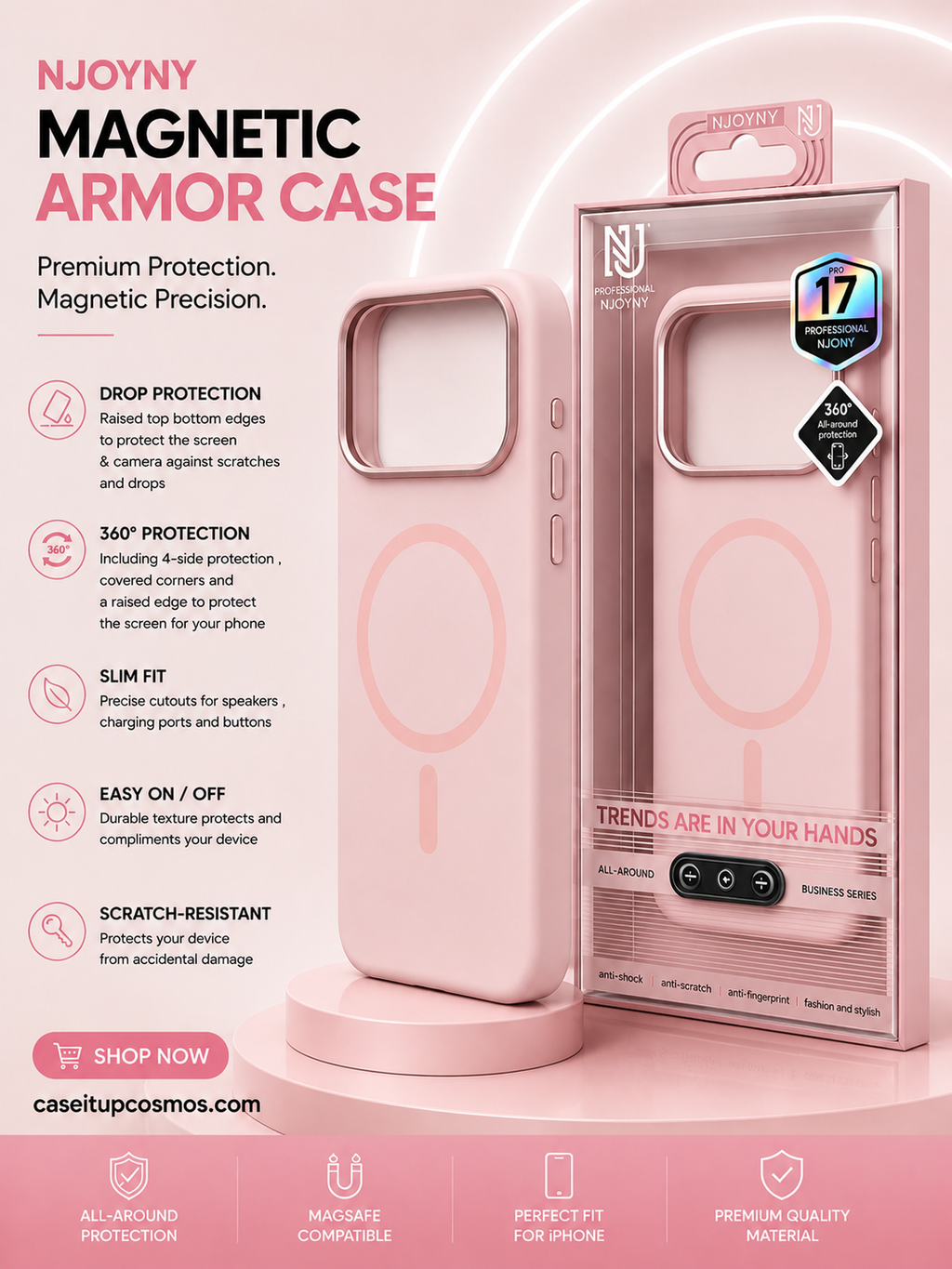 NJOYNY Pink Magnetic Armor Case for iPhone 17 Pro – Slim 360° Protection with Camera Guard