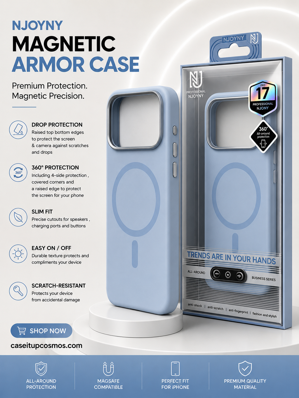 NJOYNY Pink Magnetic Armor Case for iPhone 17 Pro – Slim 360° Protection with Camera Guard
