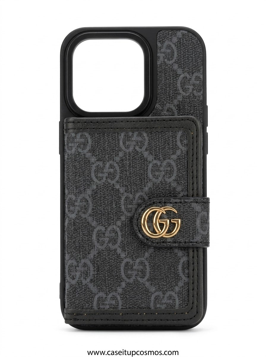 Luxury Charcoal Monogram Coated Canvas Case for iPhone | Built-In Card Wallet