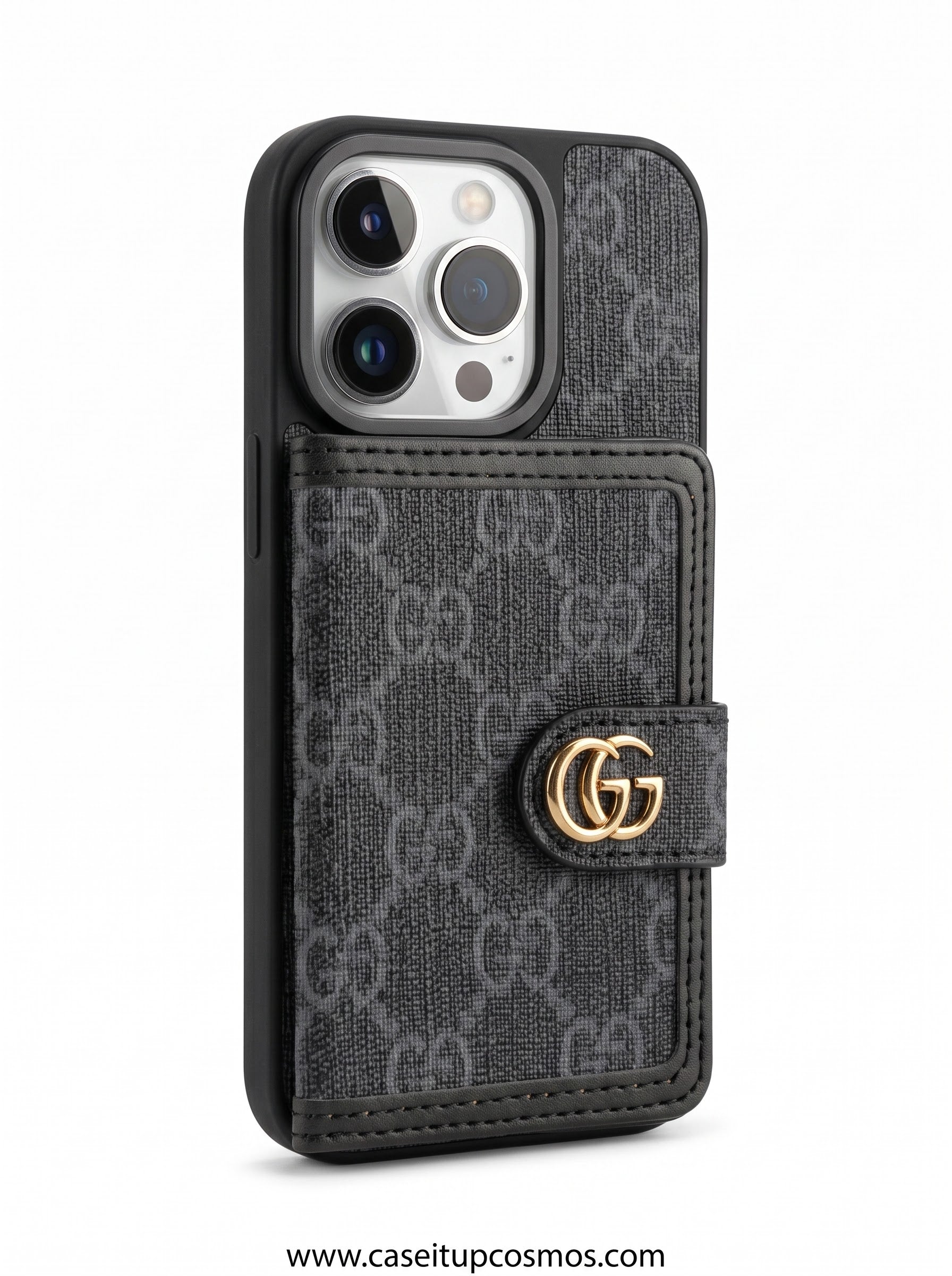 Luxury Charcoal Monogram Coated Canvas Case for iPhone | Built-In Card Wallet