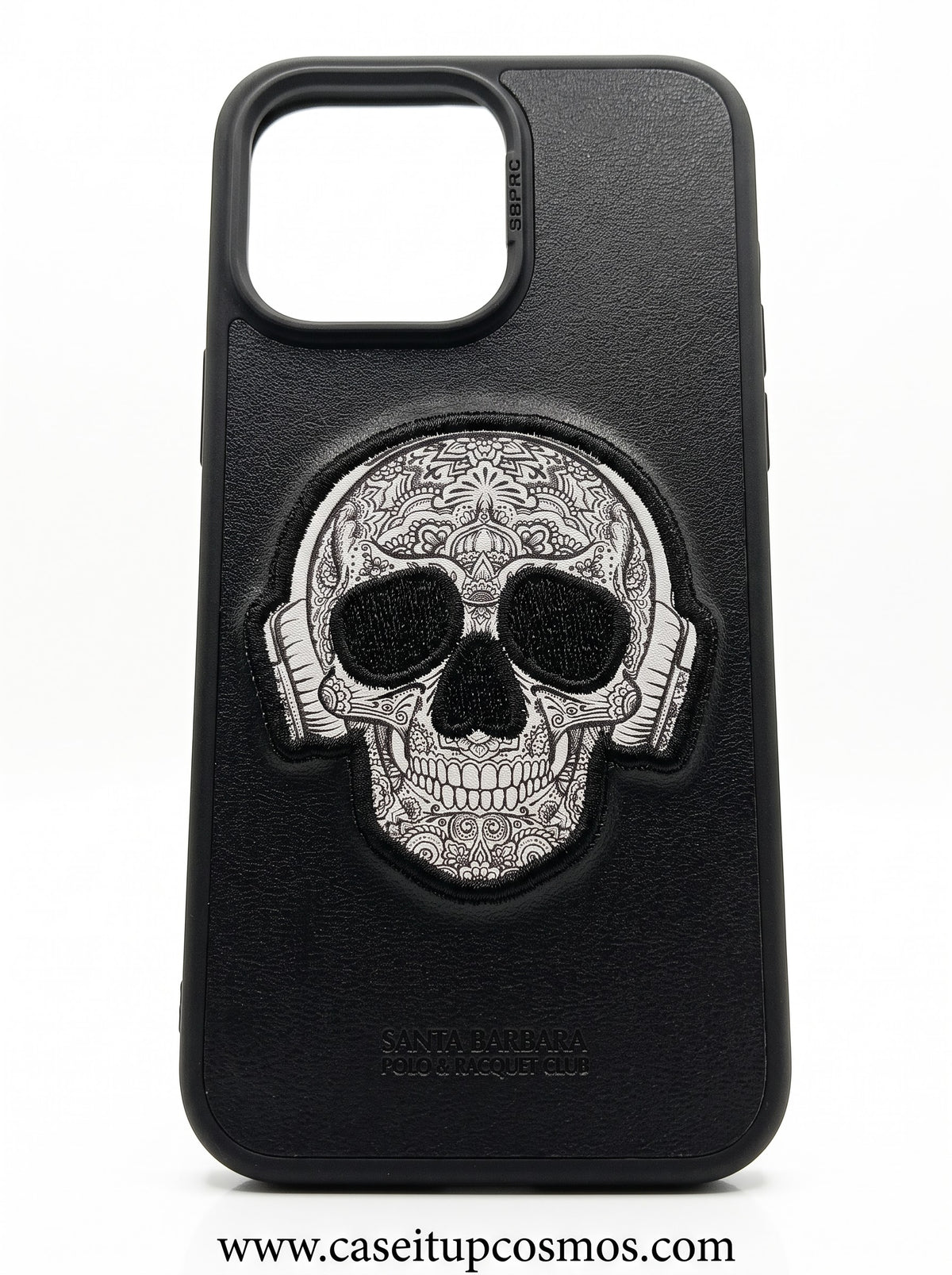 Luxury Black Leather Calavera Skull Case for iPhone | Fine Threadwork Art