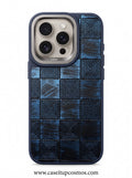 A Cosmos™ Midnight Checkered Leather iPhone Case | Brushed Alloy Camera Guard