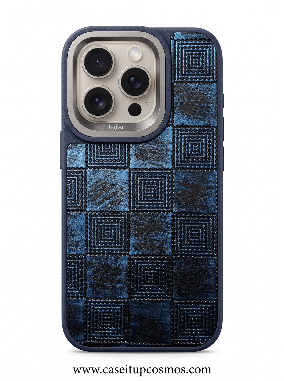 A Cosmos™ Midnight Checkered Leather iPhone Case | Brushed Alloy Camera Guard