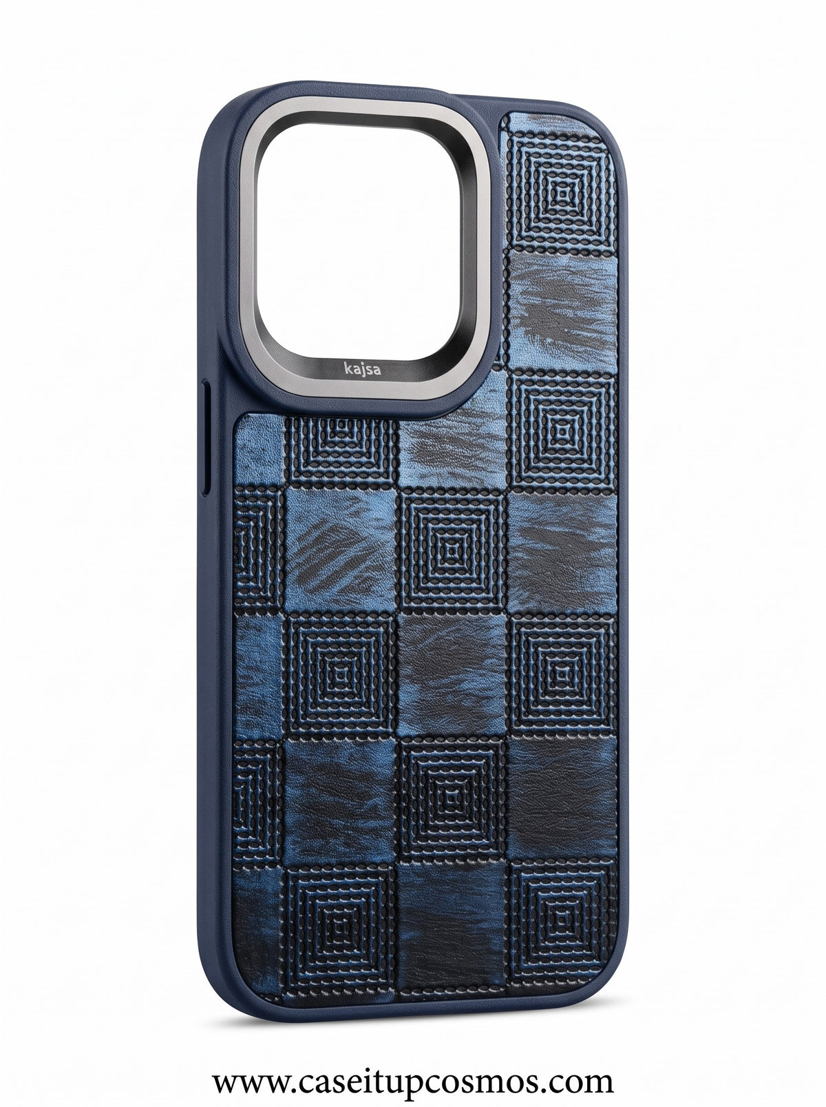 A Cosmos™ Midnight Checkered Leather iPhone Case | Brushed Alloy Camera Guard