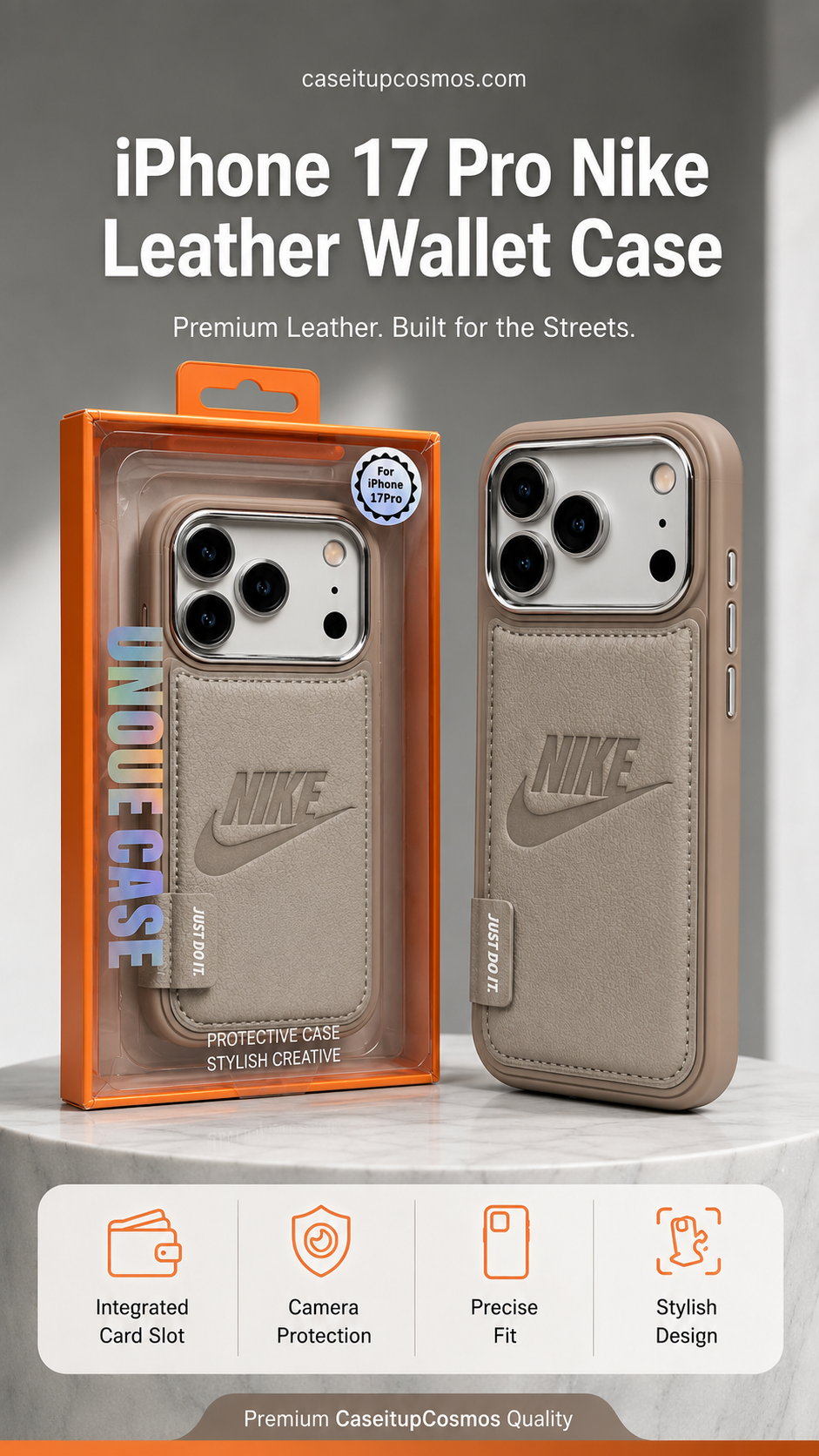 Nike Premium Leather Wallet Phone Case for iPhone 17 Pro – Shockproof Back Cover with Card Holder