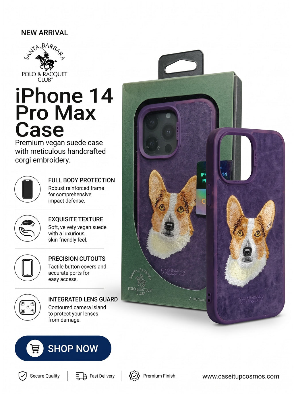 A Luxury Velvet Purple Corgi Dog Embroidery Case for iPhone | Suede Interior Bed