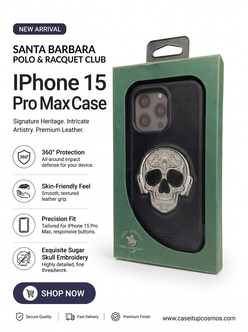 Luxury Black Leather Calavera Skull Case for iPhone | Fine Threadwork Art