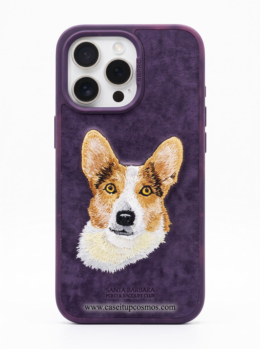 A Luxury Velvet Purple Corgi Dog Embroidery Case for iPhone | Suede Interior Bed