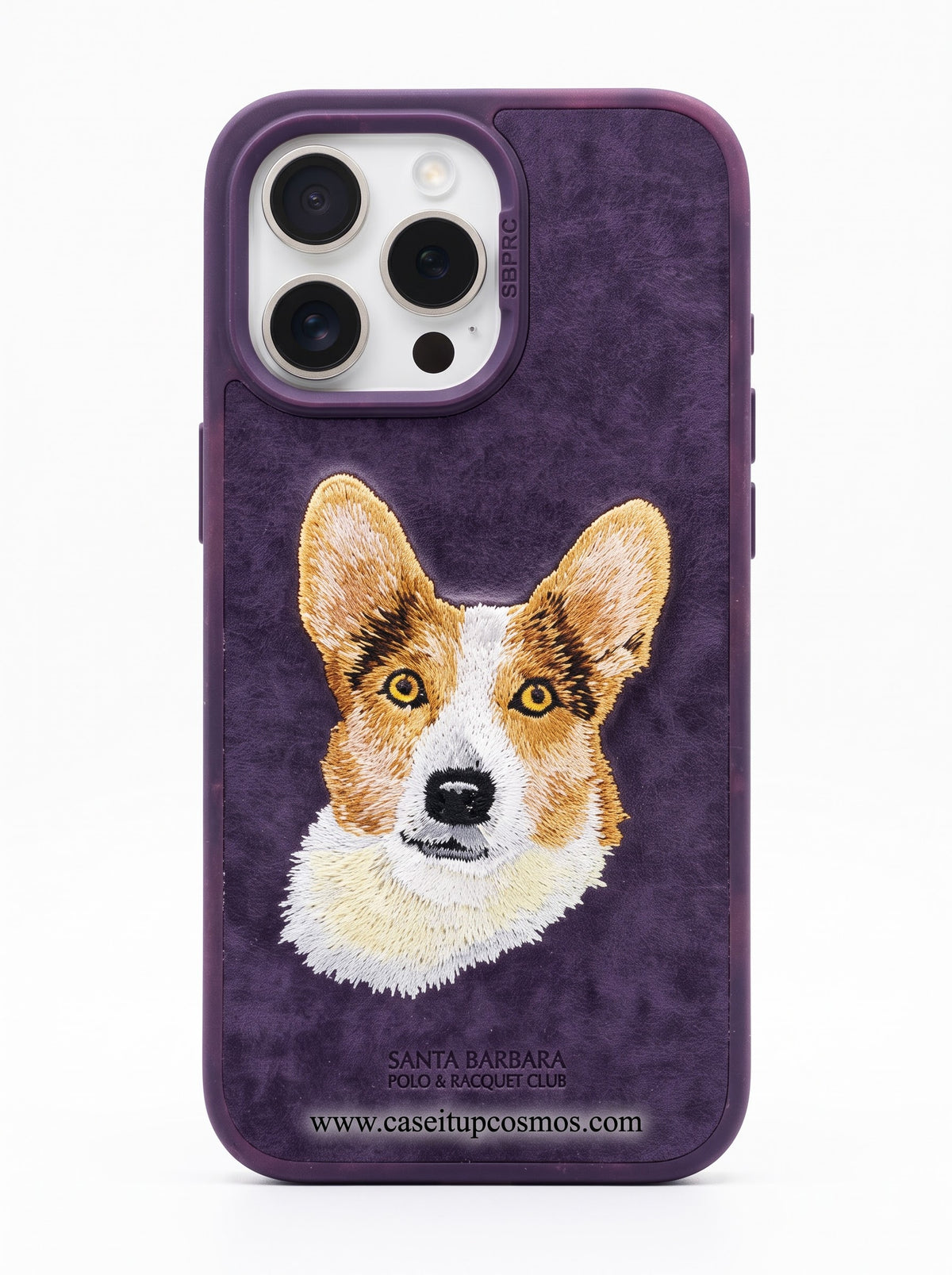A Luxury Velvet Purple Corgi Dog Embroidery Case for iPhone | Suede Interior Bed