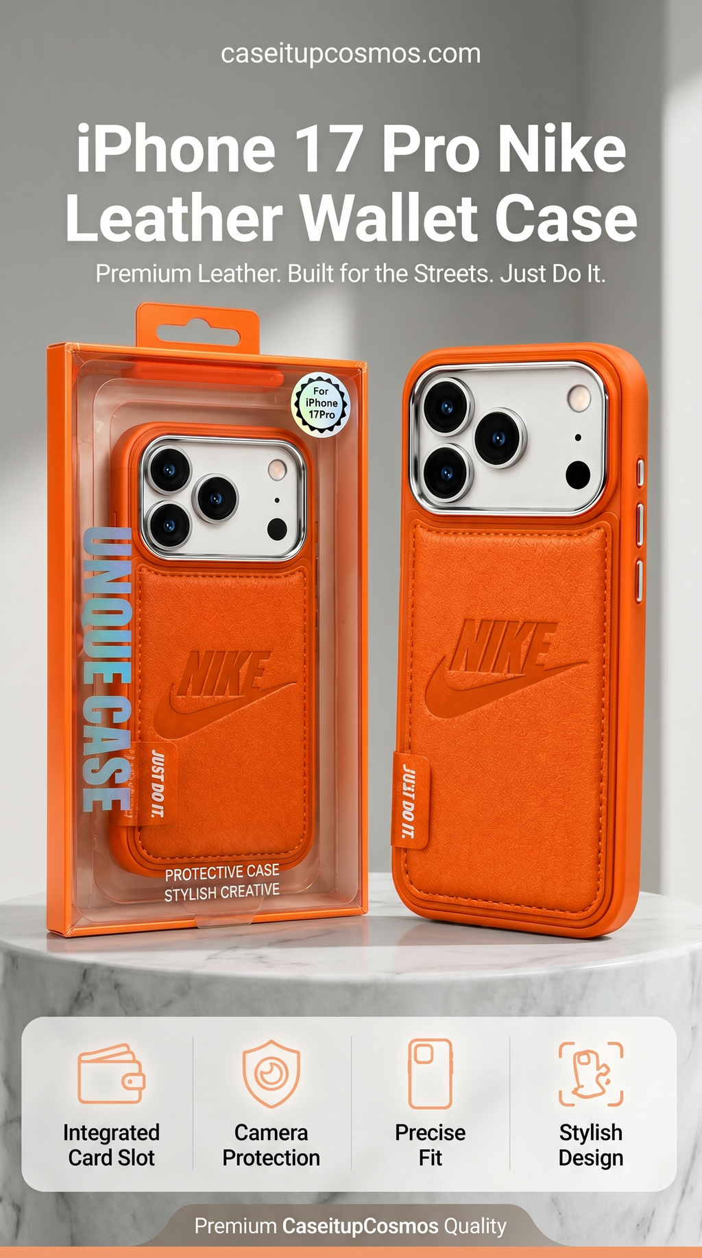 Nike Premium Leather Wallet Phone Case for iPhone 17 Pro – Shockproof Back Cover with Card Holder