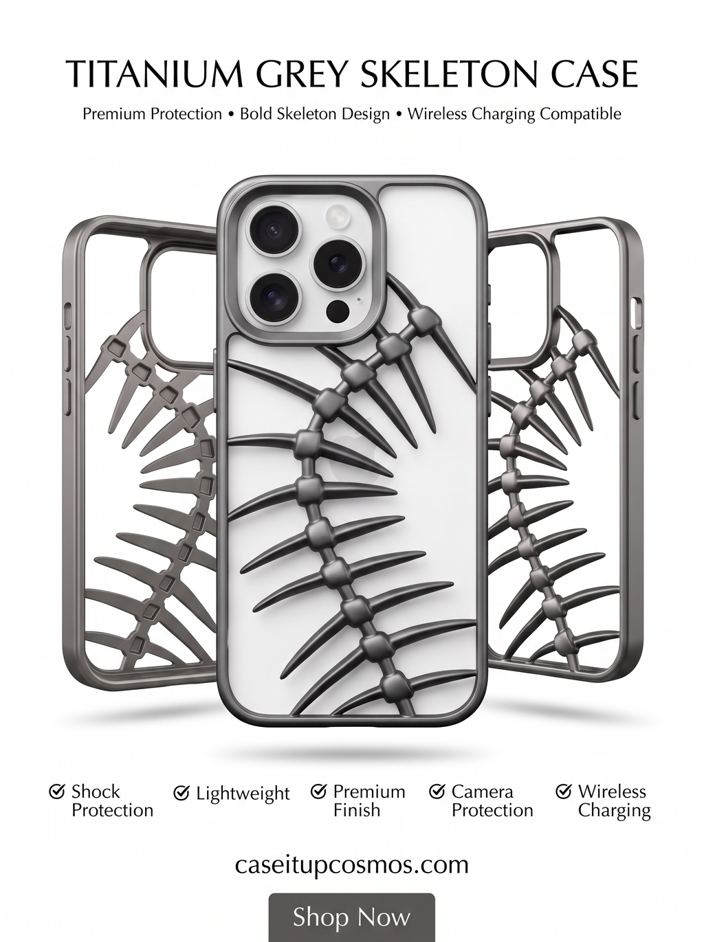 Titanium Grey Skeleton Armor Case for iPhone 15 Pro | Premium Shockproof Protective Cover