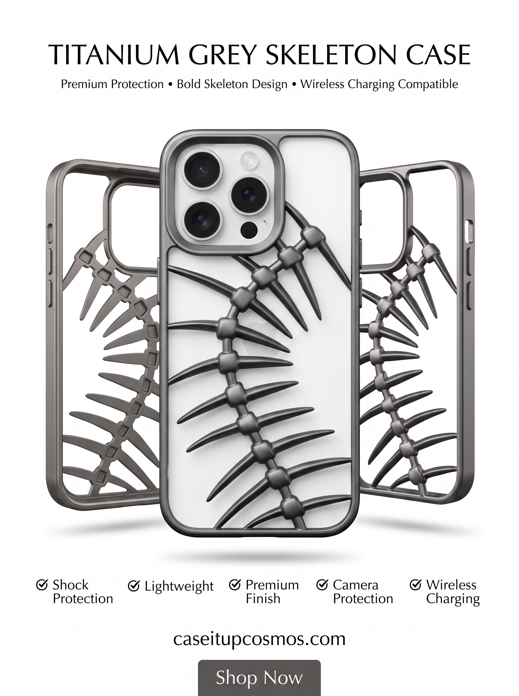 Titanium Grey Skeleton Armor Case for iPhone 15 Pro | Premium Shockproof Protective Cover
