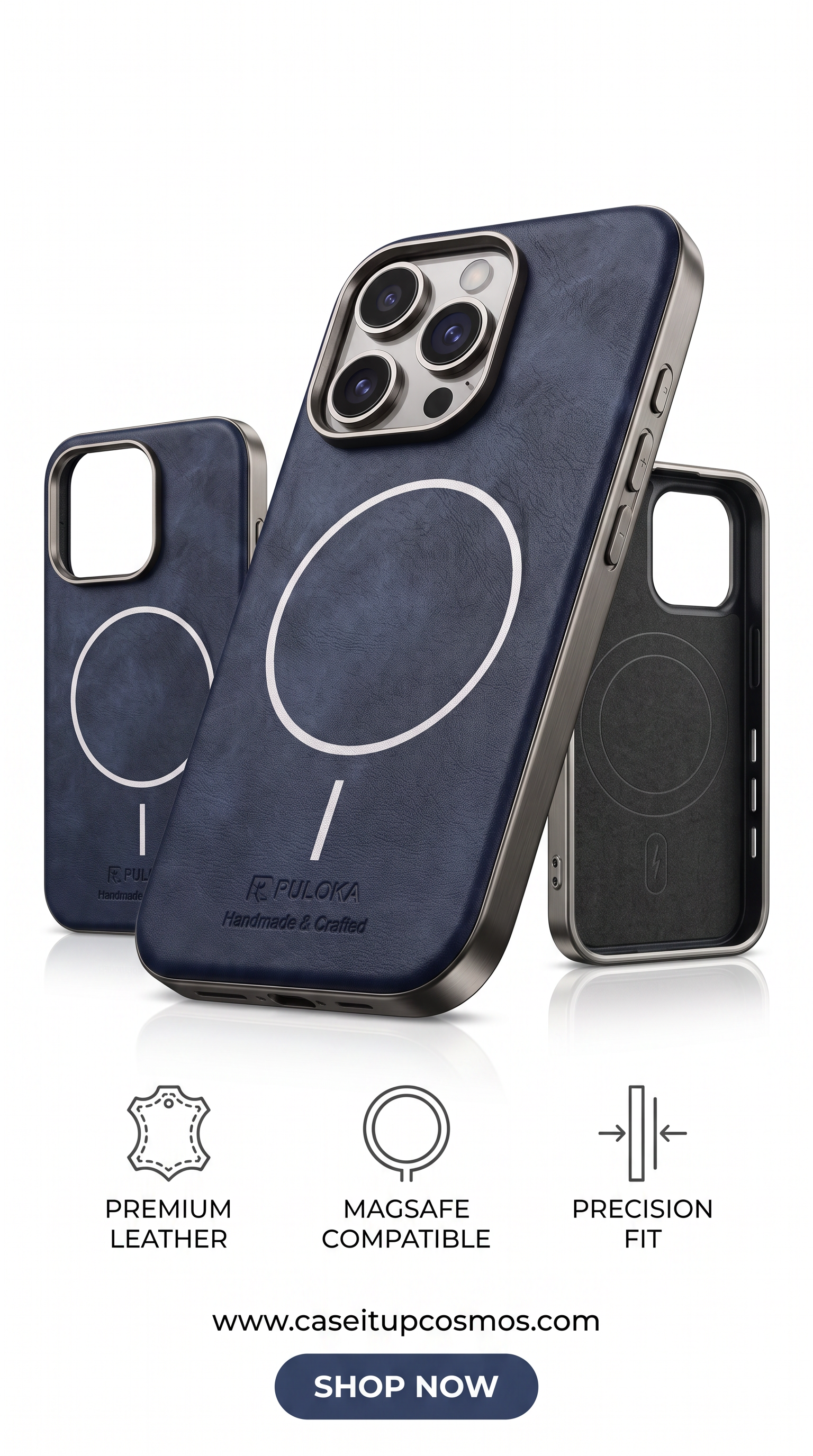 PULOKA Handcrafted Leather MagSafe iPhone Cover with Metallic Camera Shield