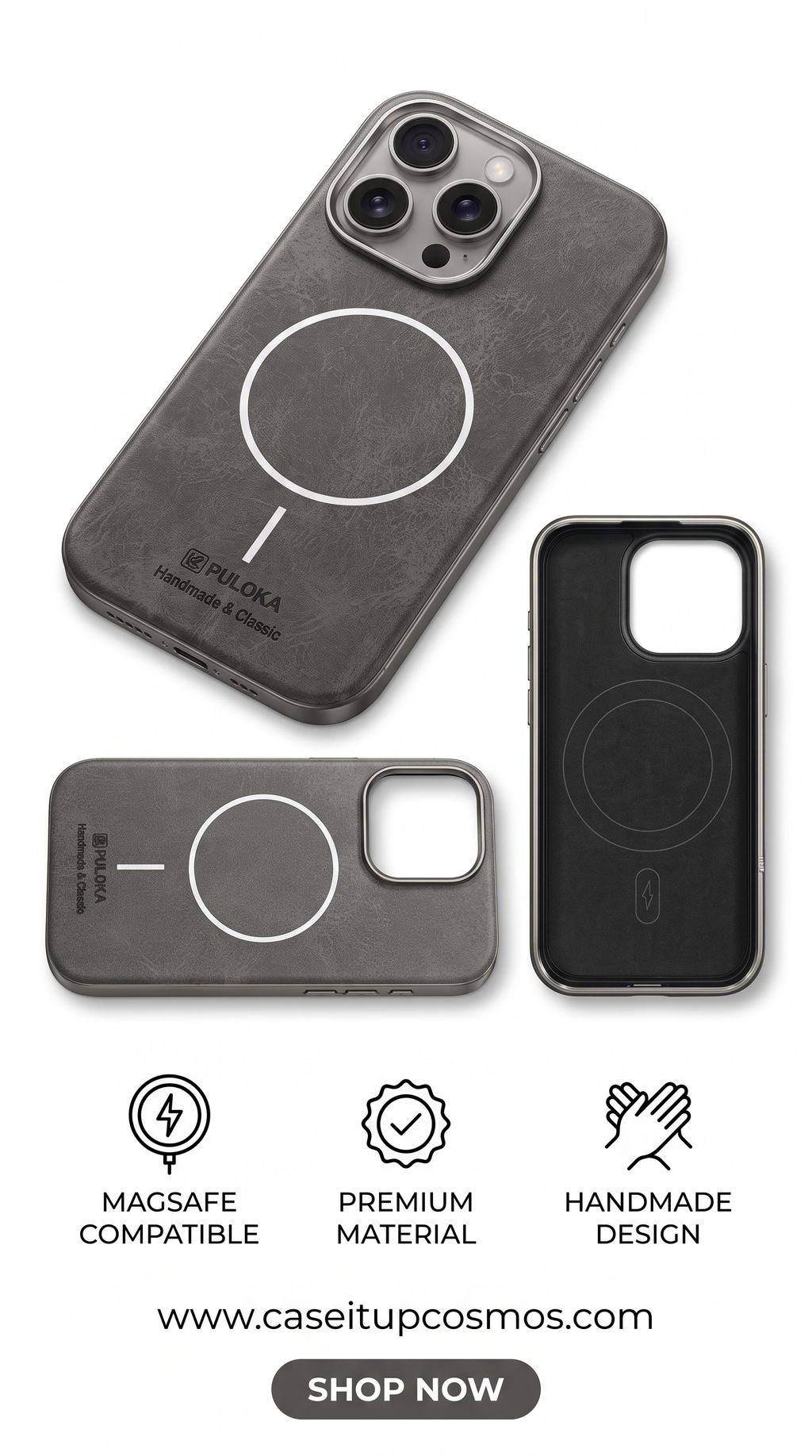 PULOKA Handcrafted Leather MagSafe iPhone Cover with Metallic Camera Shield