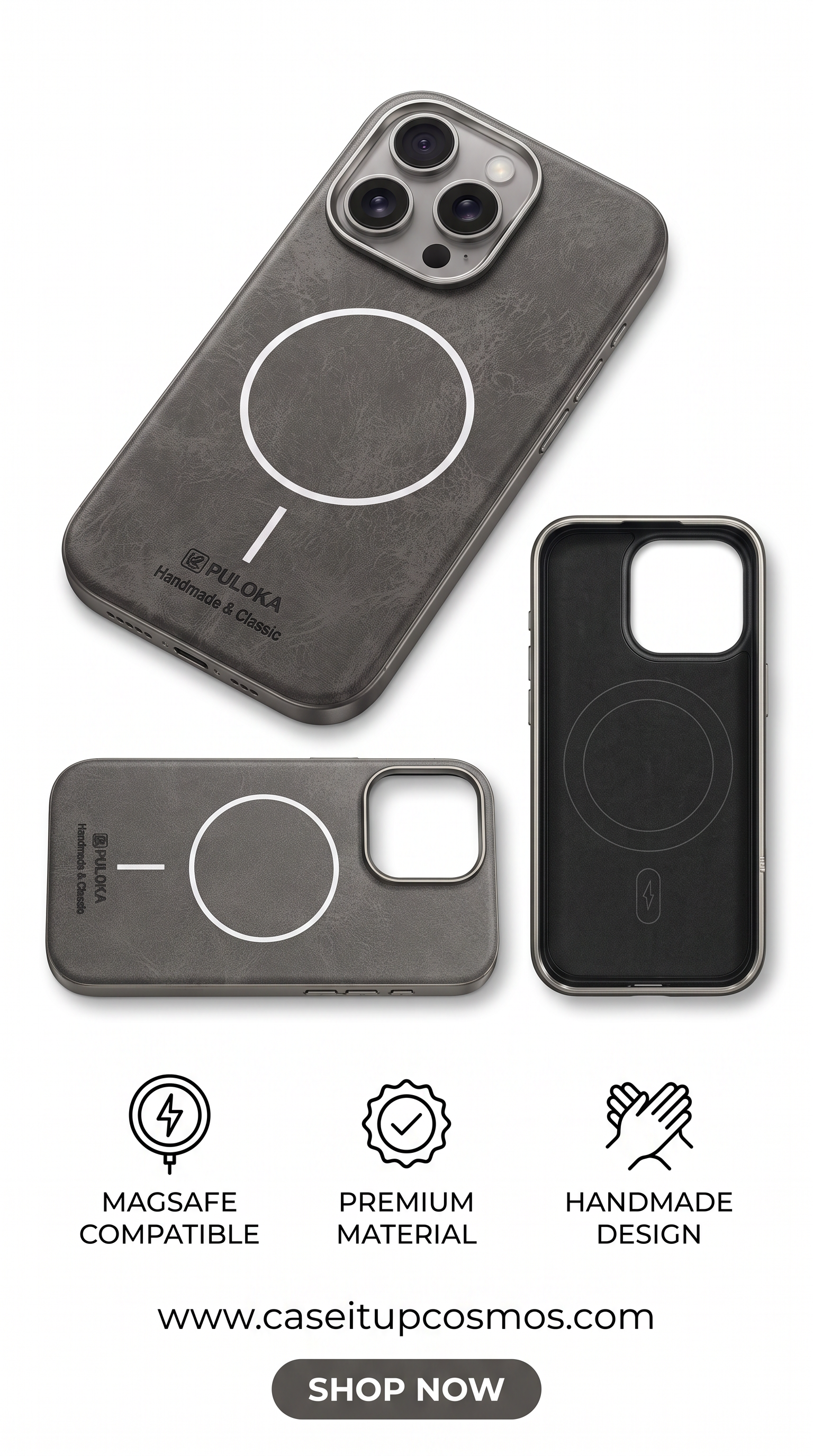 PULOKA Handcrafted Leather MagSafe iPhone Cover with Metallic Camera Shield