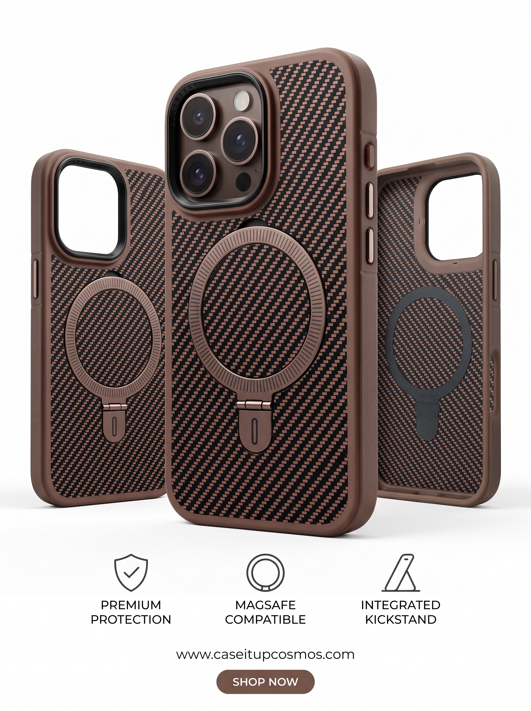 Cosmos™ Mocha Carbon Fiber MagSafe Kickstand iPhone Case