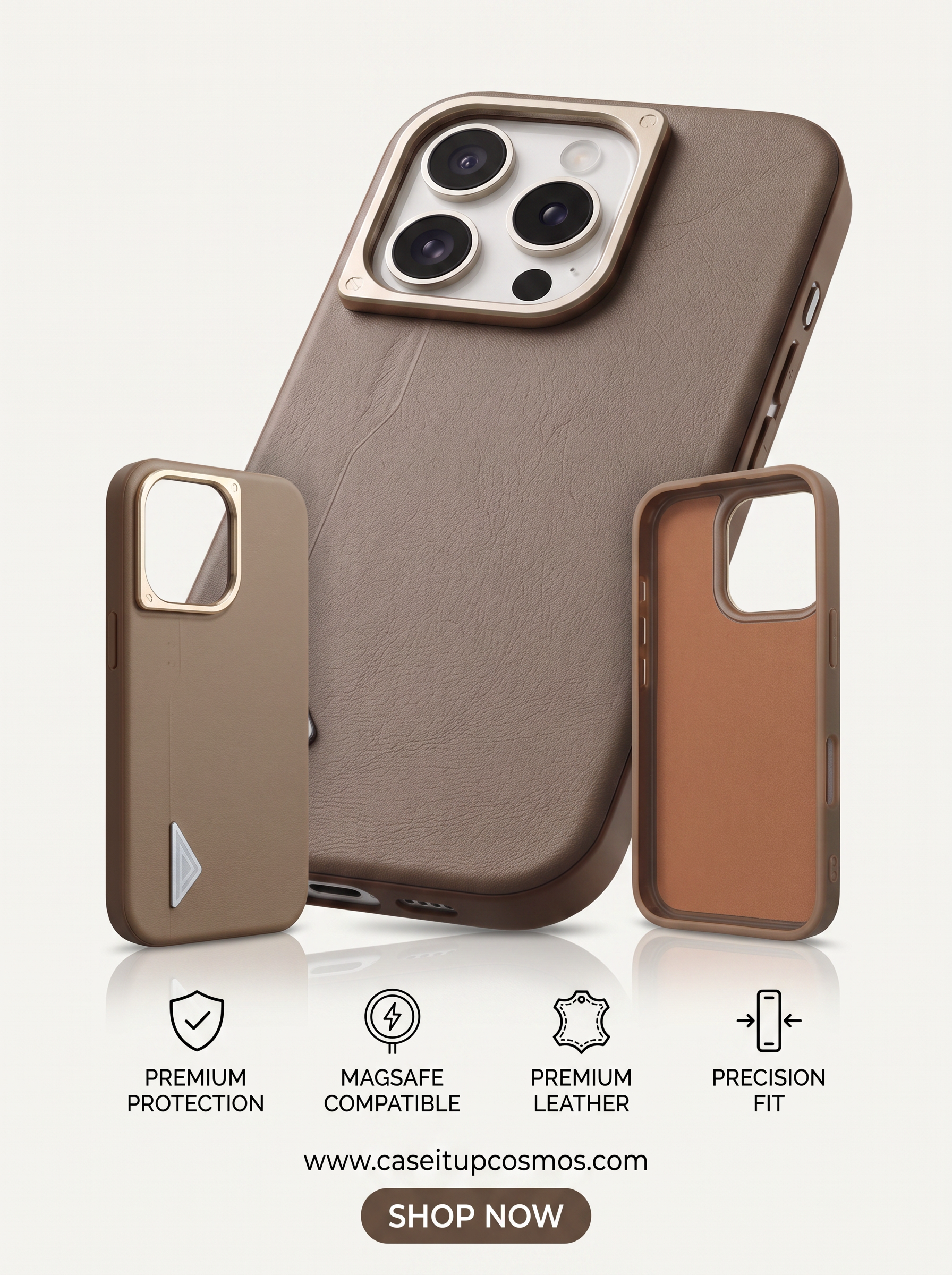 The Prism Emblem Edition Leather iPhone Case | Champagne Gold Camera Shield
