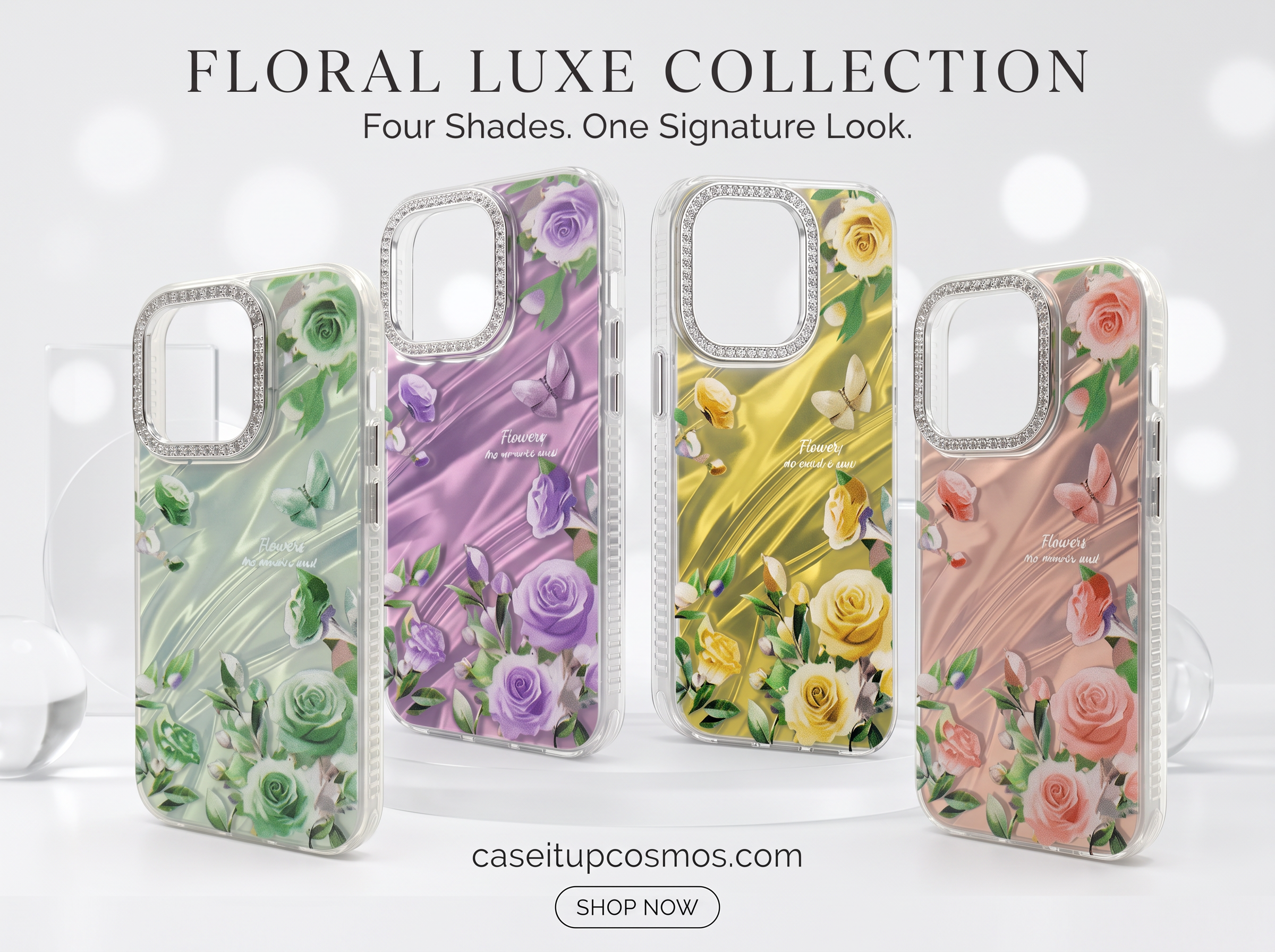Floral Luxe Crystal Camera Phone Case – Premium Shockproof Transparent Cover