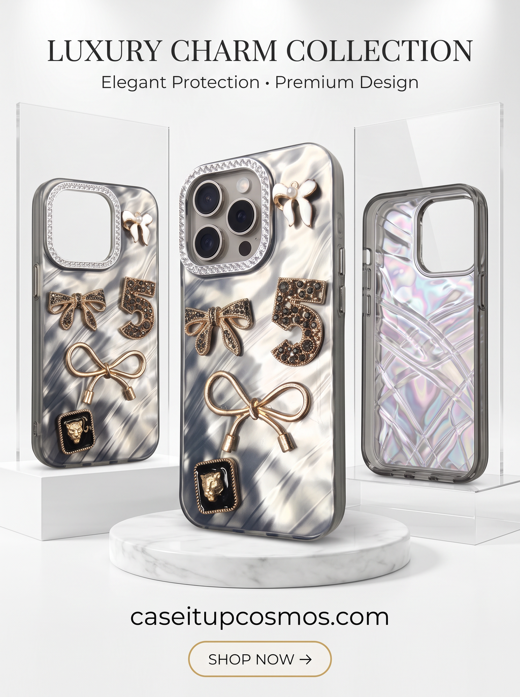 Luxury Charm Marble Case – Premium Crystal Bow Phone Cover