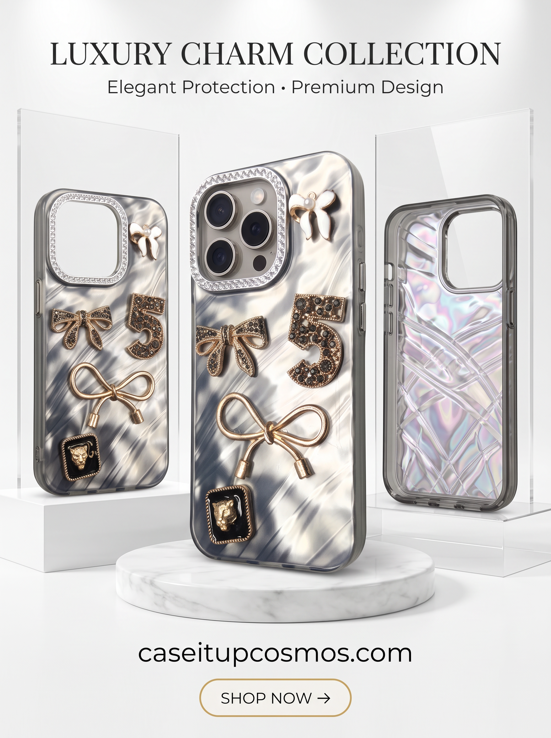 Luxury Charm Marble Case – Premium Crystal Bow Phone Cover