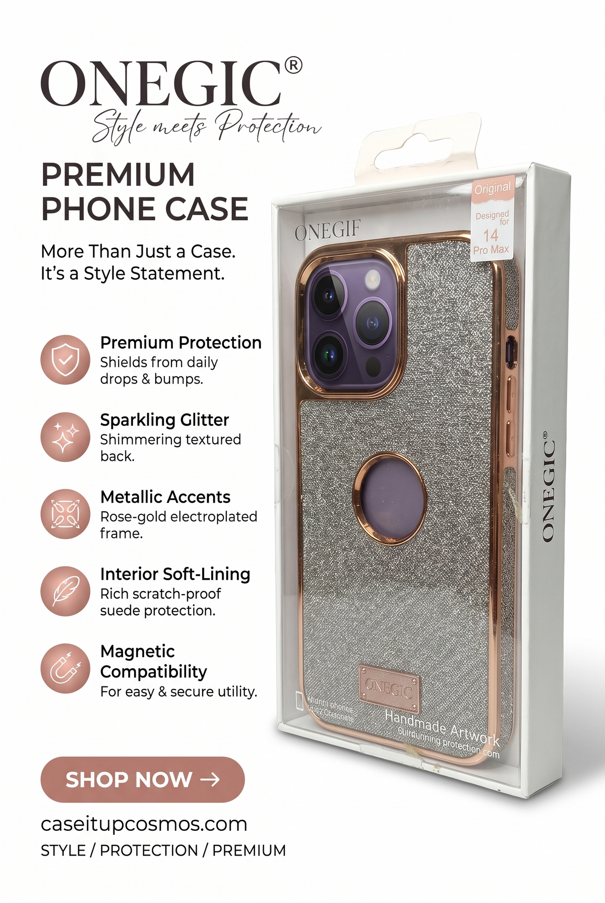 "ONEGIC® Luxury Shimmer Glitter & -Gold Electroplated Case for iPhone 14 Pro Max | Raised Camera Guard"