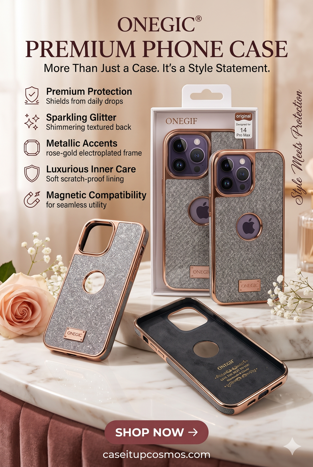 "ONEGIC® Luxury Shimmer Glitter & -Gold Electroplated Case for iPhone 14 Pro Max | Raised Camera Guard"
