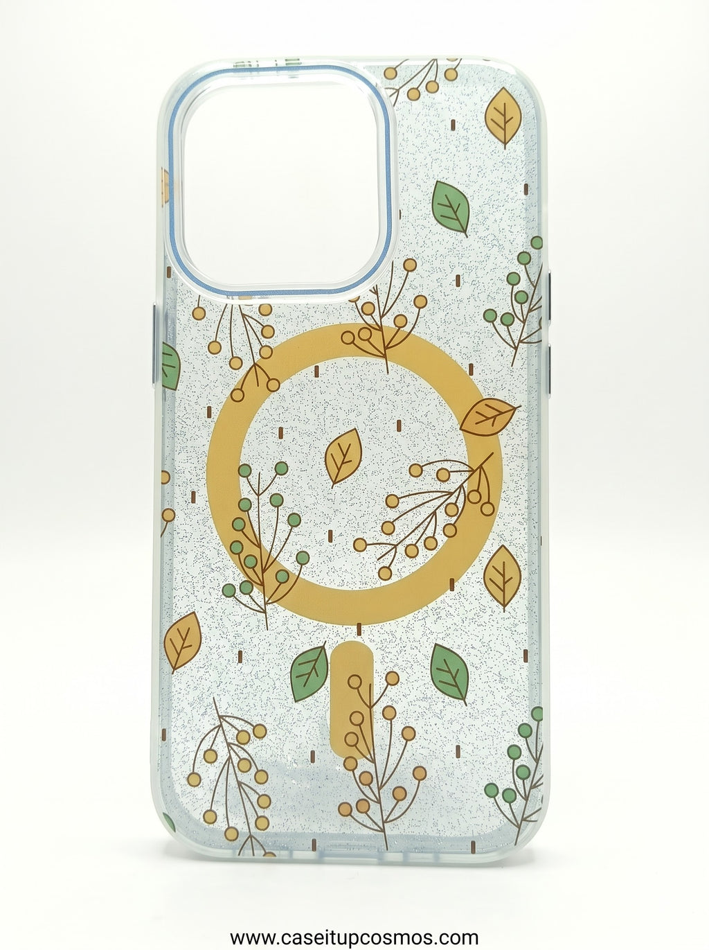 Shimmering Botanical Leaves MagSafe Case for iPhone | Metallic Blue Lens Frame
