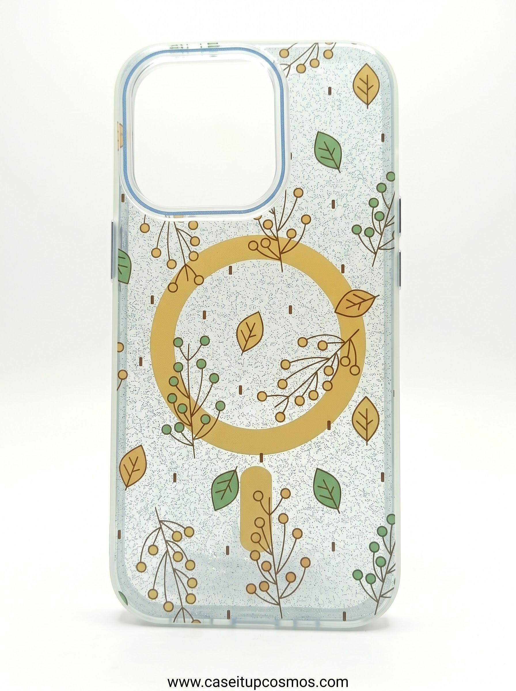 Shimmering Botanical Leaves MagSafe Case for iPhone | Metallic Blue Lens Frame