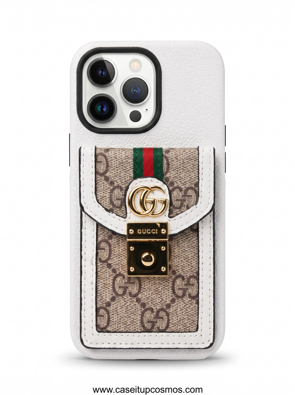 Cosmos™ Runway White Pebbled Leather Handbag iPhone Case | Gold Lock & Monogram Pouch