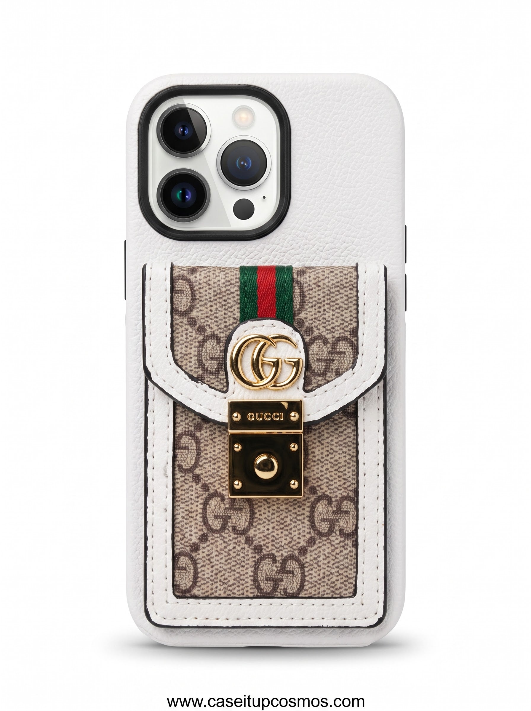 Cosmos™ Runway White Pebbled Leather Handbag iPhone Case | Gold Lock & Monogram Pouch