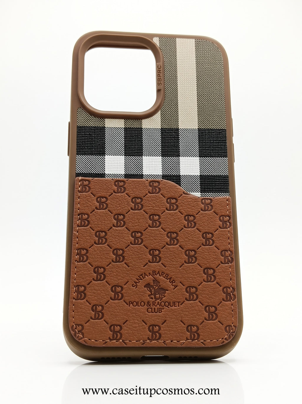Luxury Cognac Plaid & Debossed Leather Case for iPhone | Suede Interior Bed