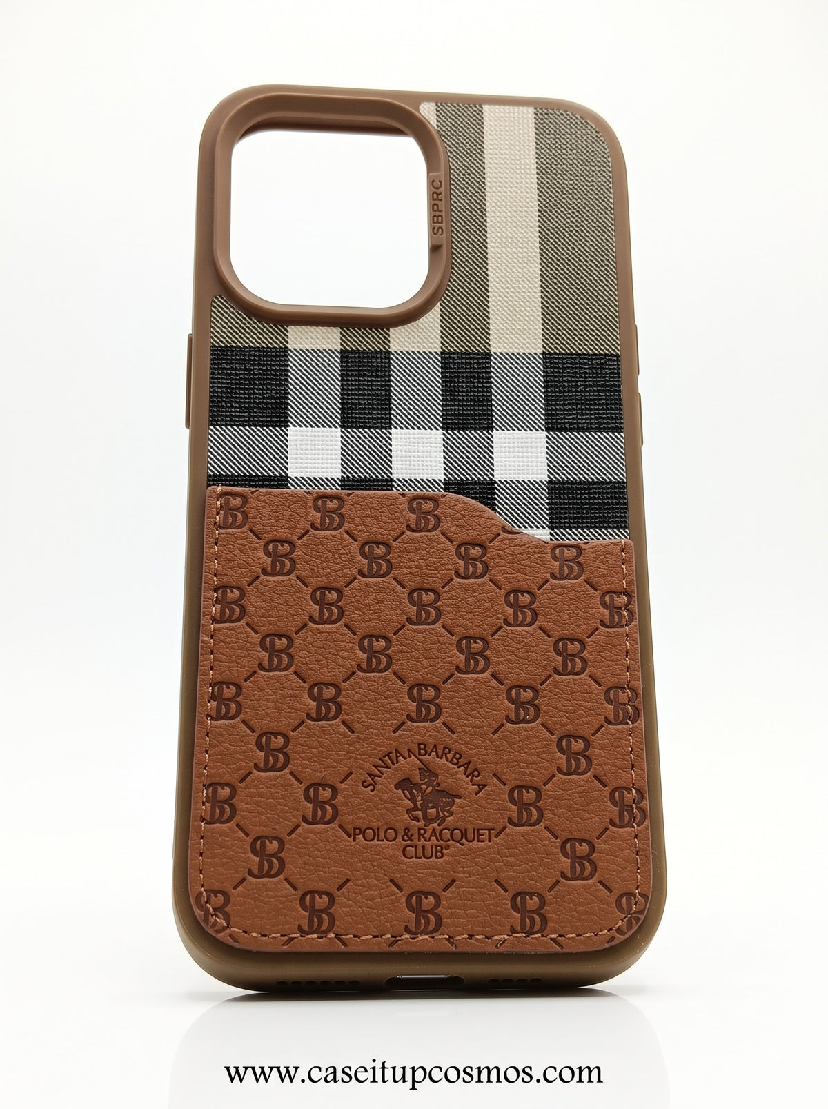 Luxury Cognac Plaid & Debossed Leather Case for iPhone | Suede Interior Bed