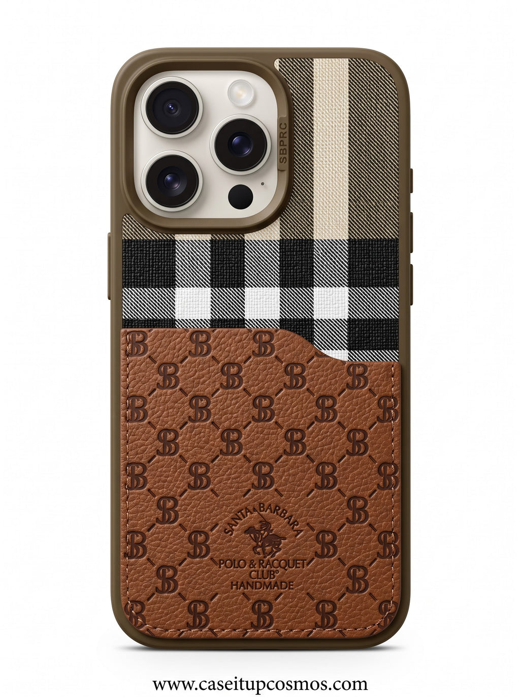 Luxury Cognac Plaid & Debossed Leather Case for iPhone | Suede Interior Bed