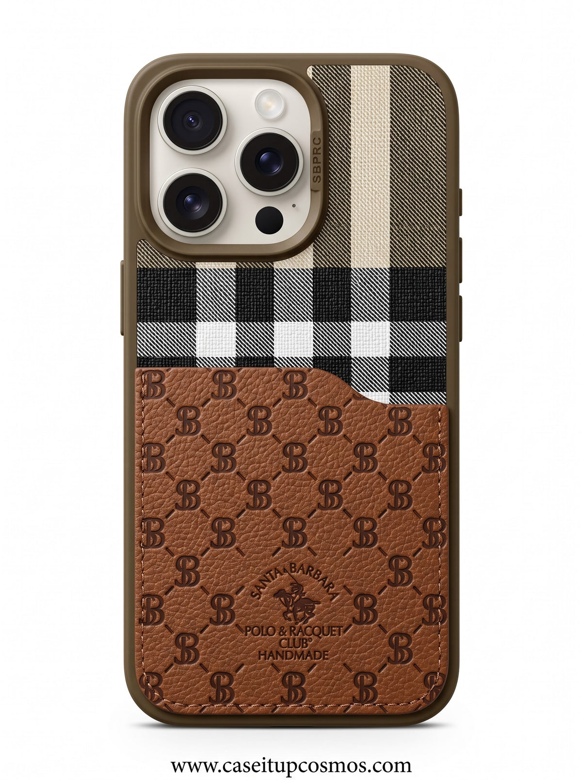 Luxury Cognac Plaid & Debossed Leather Case for iPhone | Suede Interior Bed