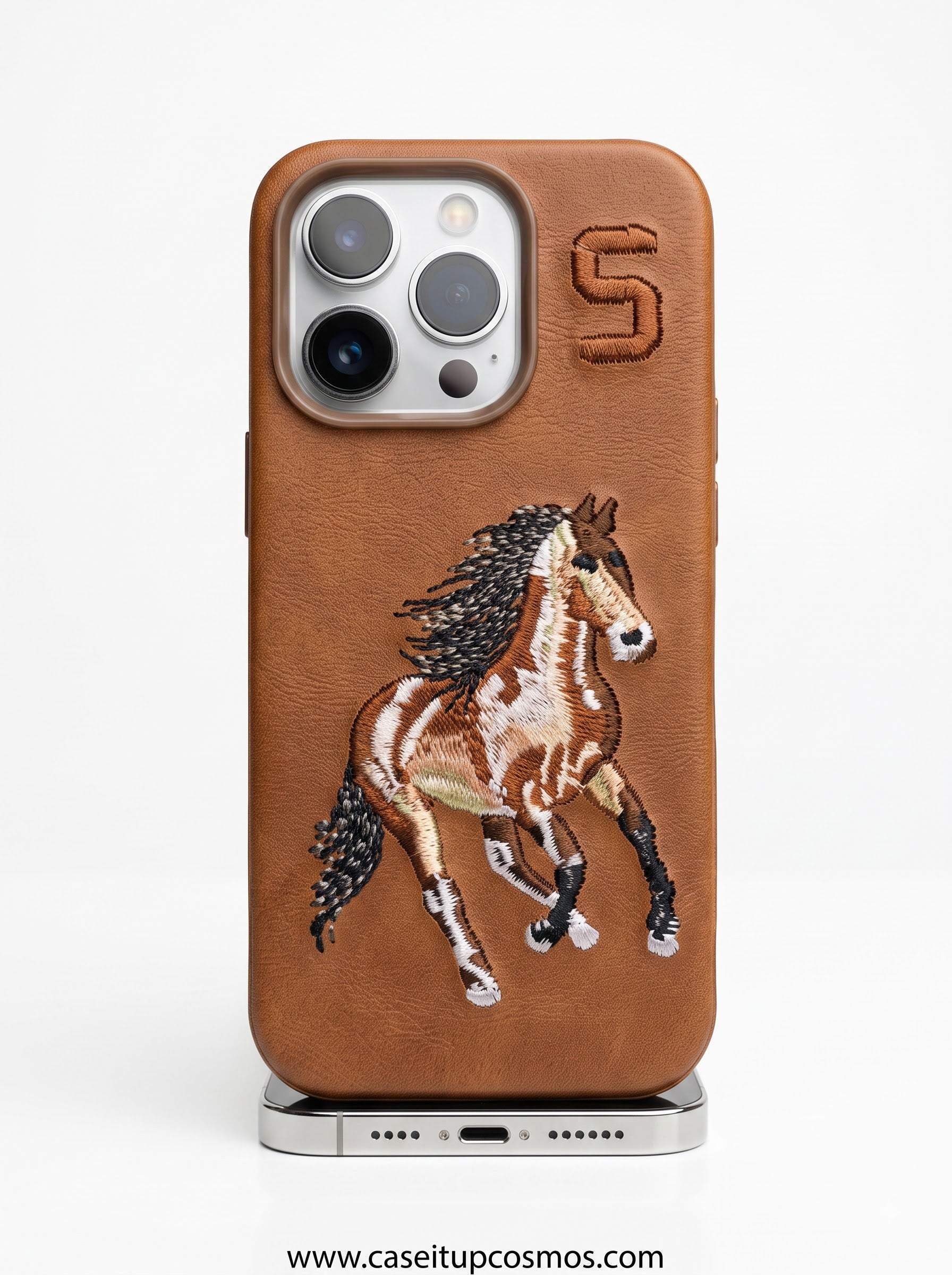 Handcrafted Wild Mustang Embroidered Leather Case for iPhone | 3D Thread Art