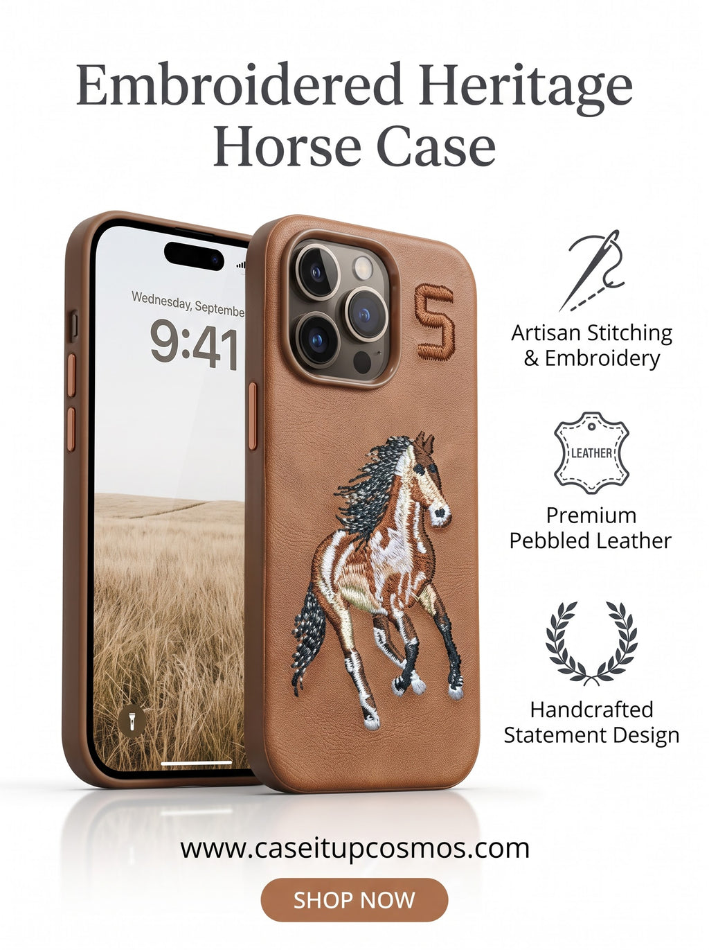 Handcrafted Wild Mustang Embroidered Leather Case for iPhone | 3D Thread Art