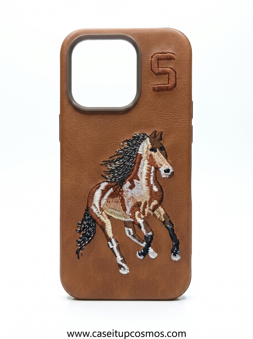 Handcrafted Wild Mustang Embroidered Leather Case for iPhone | 3D Thread Art