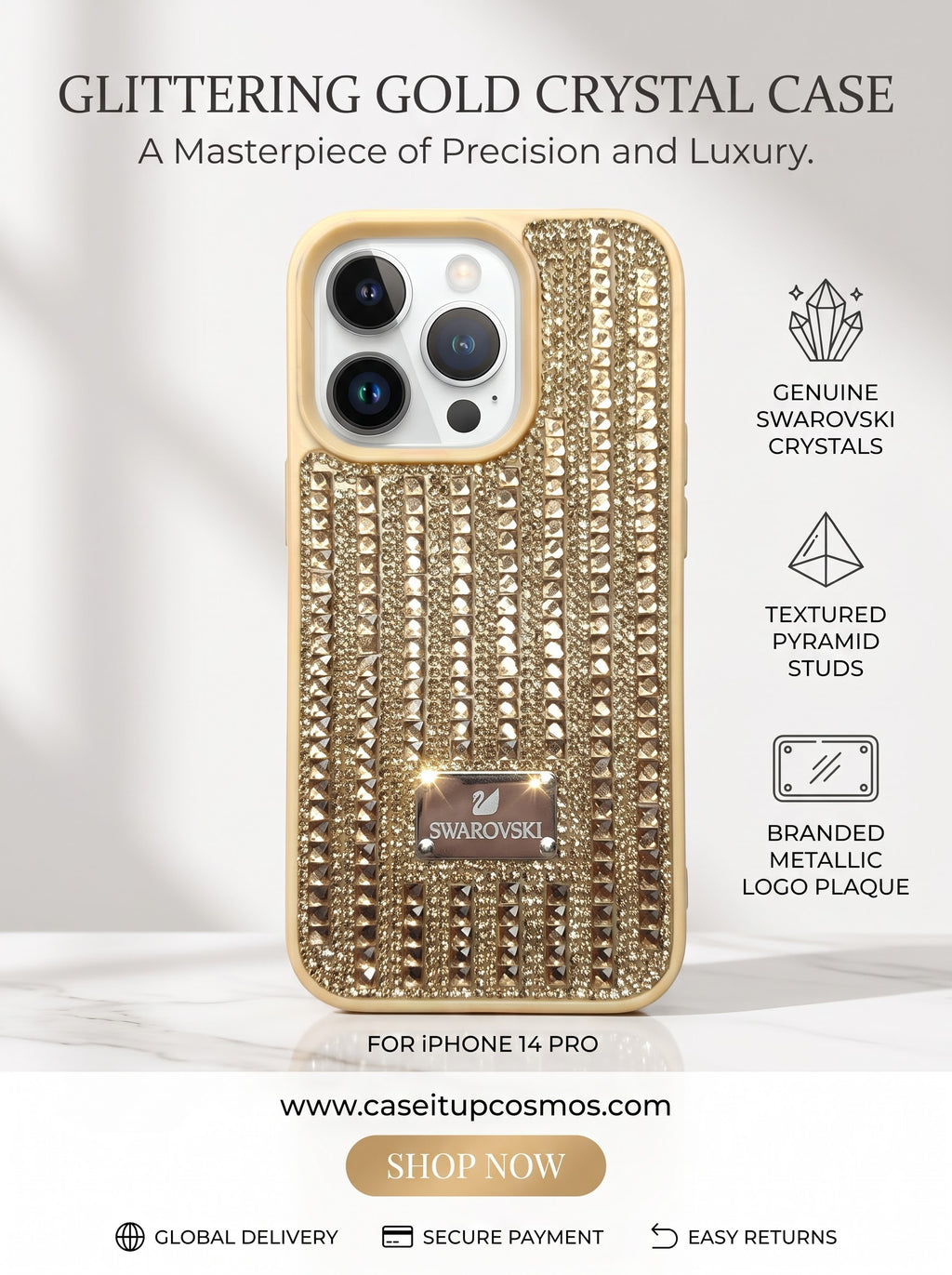 Glittering Gold Rockstud & Crystal Pavé iPhone Cover | Raised Camera Guard