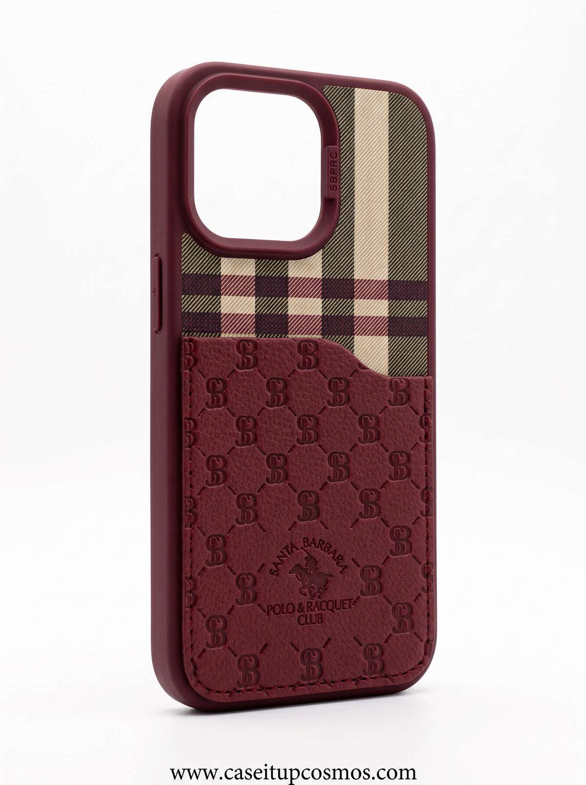 A Luxury Burgundy Tartan Plaid & Debossed Leather Case for iPhone | Suede Interior