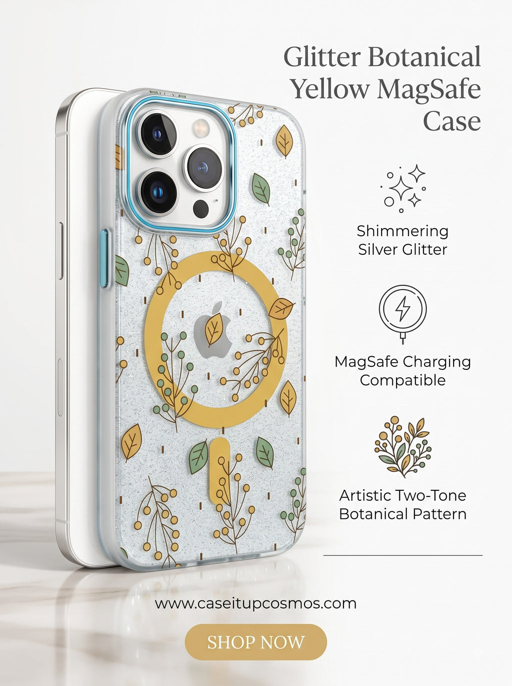 Shimmering Botanical Leaves MagSafe Case for iPhone | Metallic Blue Lens Frame