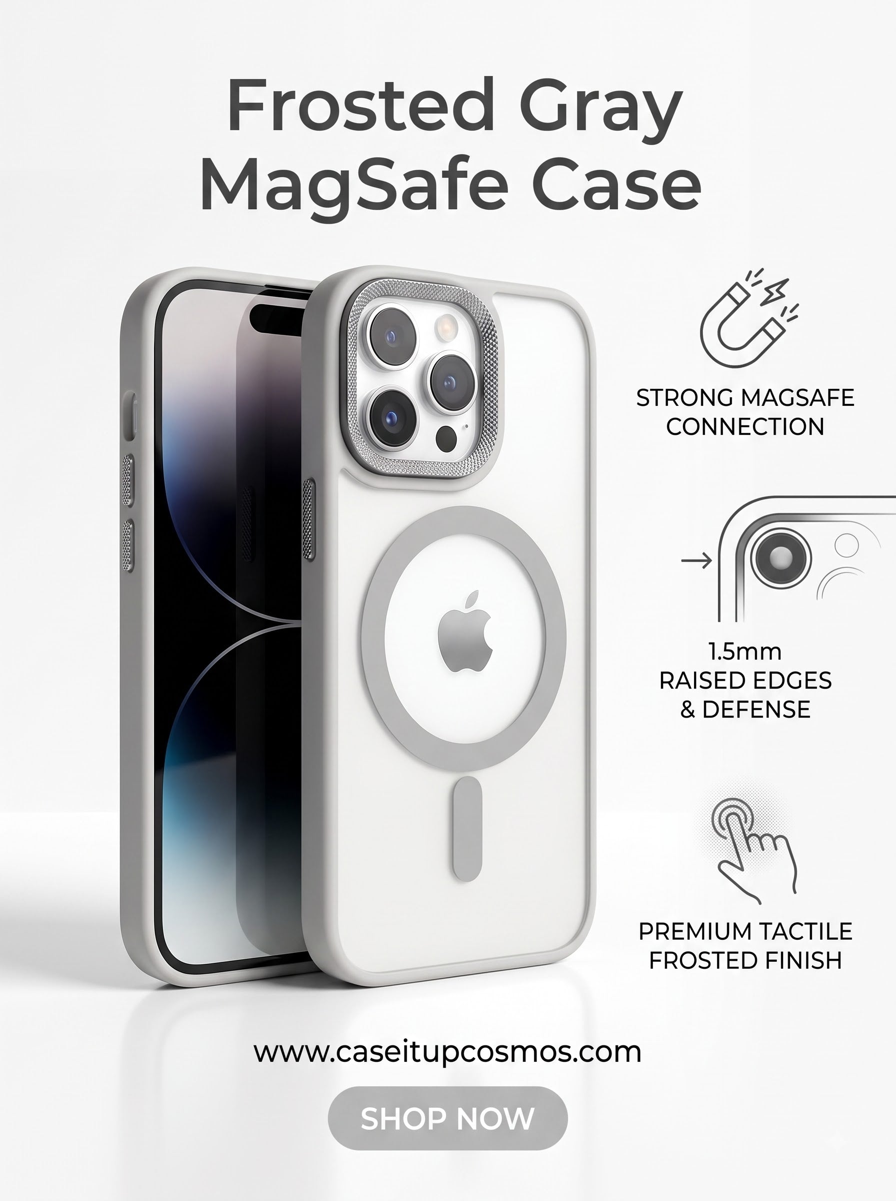 Minimalist Matte Frosted Gray MagSafe Case for iPhone | Knurled Metal Bezel