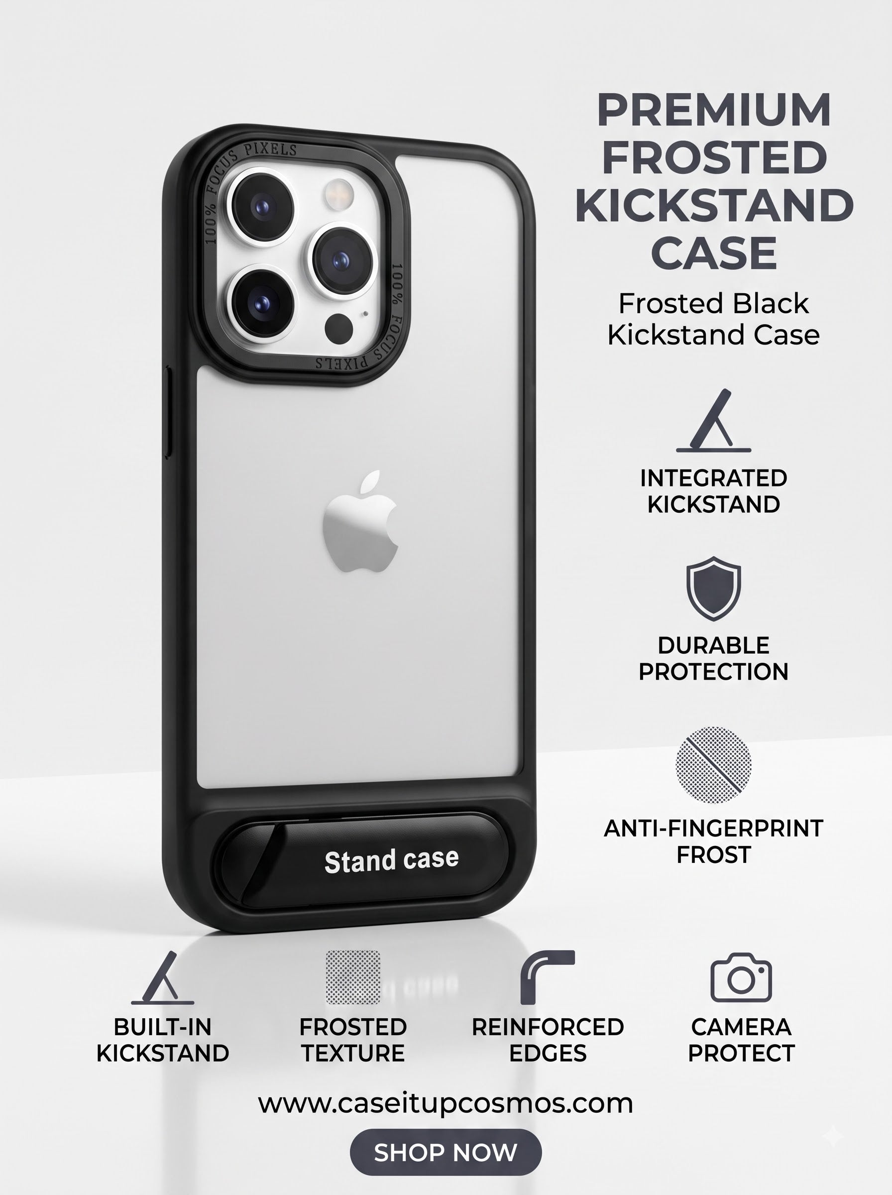 Ultra-Slim Frosted Black Kickstand Case for iPhone | Built-In Foldable Stand
